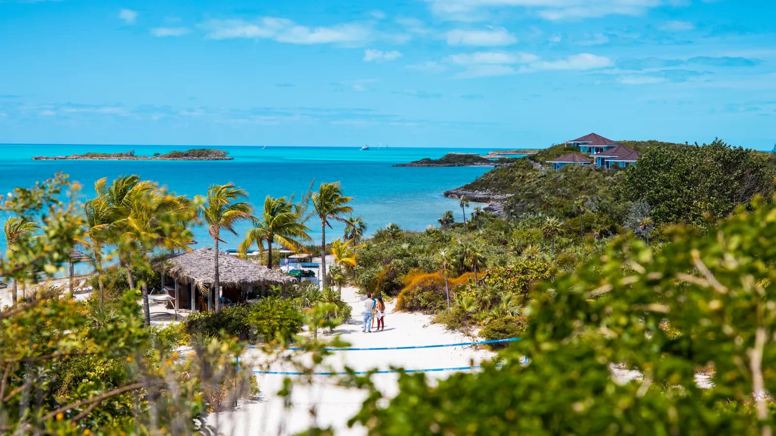 Blick durch die Palmen auf Strand und Villa